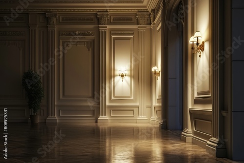 Wall and copy space in an empty elegant room at night  Empty elegant dark room at night with copy space concept  Ai generated