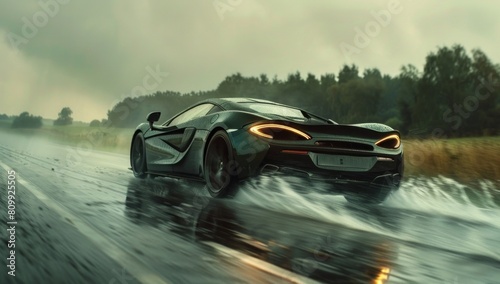 Freeze the moment as the hypercar accelerates  tires gripping the road with fierce determination against the green expanse.