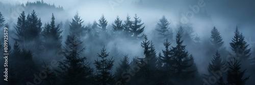 Misty foggy forest  fir mountains  natural mist landscape  dark woods view  mystery clouds on pine trees