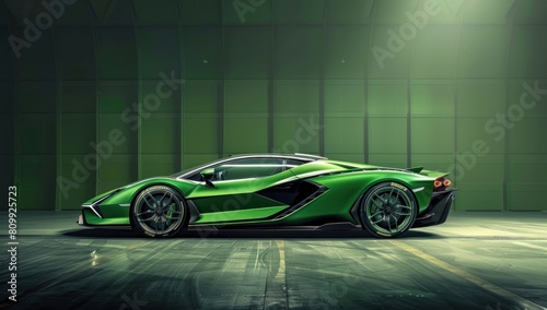 Highlight the hypercar s sleek profile with a high-contrast shot against the vivid green canvas  exuding timeless elegance.
