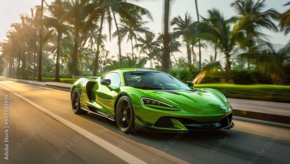 Showcase the hypercar's unparalleled speed with a long exposure shot, capturing the essence of motion against the vibrant green scenery.