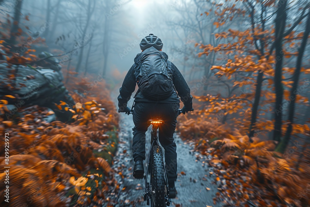 A mountain biker rides on a trail surrounded by orange autumn leaves and fog, visually capturing the essence of adventure and exploration A mountain biker rides on a trail surrounded by orange autumn leaves and fog, visually capturing the essence of adventure and exploration