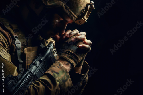 Soldier pray on black background photo