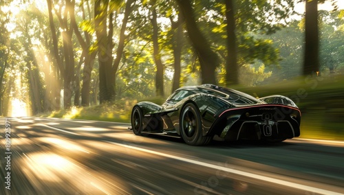 Showcase the hypercar s unparalleled speed with a long exposure shot  capturing the essence of motion against the vibrant green scenery.