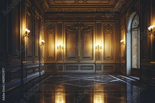 Wall and copy space in an empty elegant room at night  Empty elegant dark room at night with copy space concept  Ai generated