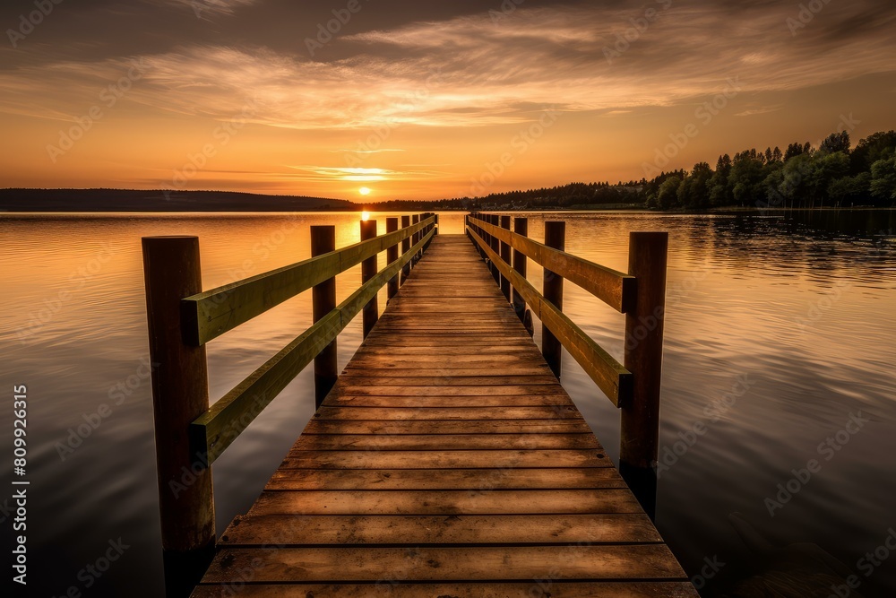 Tranquil sunset view from a wooden pier overlooking a calm lake with reflecting sunbeams