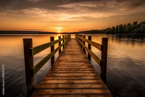 Tranquil sunset view from a wooden pier overlooking a calm lake with reflecting sunbeams