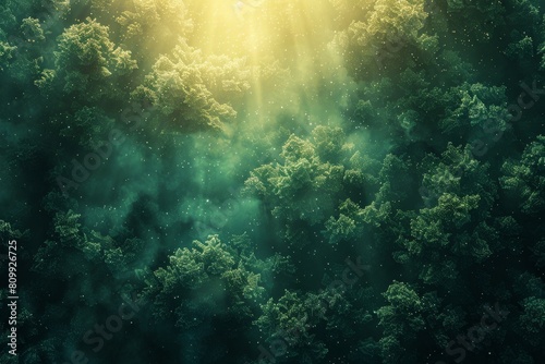 Strong rays of sunlight breaking through dense tree foliage creating an underwater effect