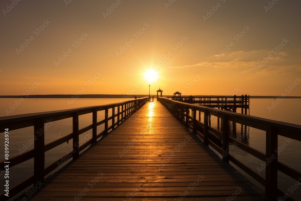 Fototapeta premium Sun sets perfectly in line with a tranquil wooden pier extending into still waters, reflecting warm light