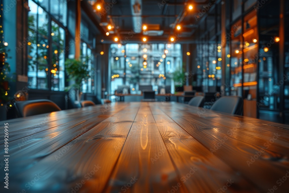 Warm, inviting atmosphere of a modern restaurant with glowing festive lights and sleek wooden furniture Warm, inviting atmosphere of a modern restaurant with glowing festive lights and sleek wooden furniture