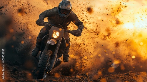 Intense motocross action at sunset with a rider splashing mud under a dramatic sky, showcasing speed and adventure