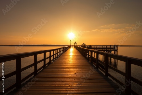 Sun sets perfectly in line with a tranquil wooden pier extending into still waters, reflecting warm light