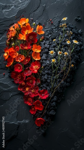 A heart, half red soil full of flowers, half black soil, withered flowers, clean background, artistry, hope and disappointment, rebirth, life, 4k HD wallpaper, generated by AI,The Dichotomy of Life