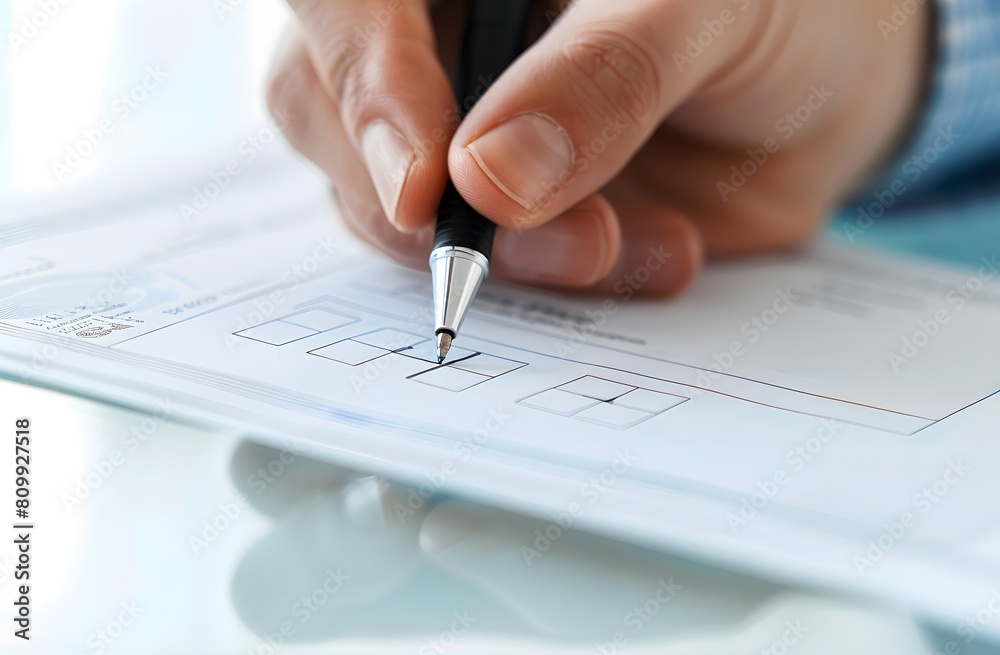 A hand writing on an empty check, with the background being a white table and pen next to it.