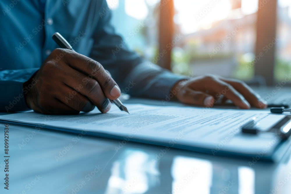 Close-up image capturing Afro-American business people signing a crucial contract, embodying diversity and cooperation in modern professional settings