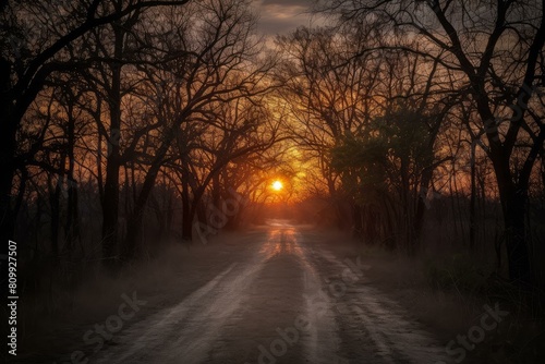 Tranquil scene as the sun sets on a dusty road lined with silhouetted trees