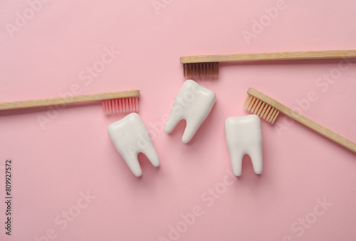 Bamboo toothbrushes clean the teeth models on a pink background