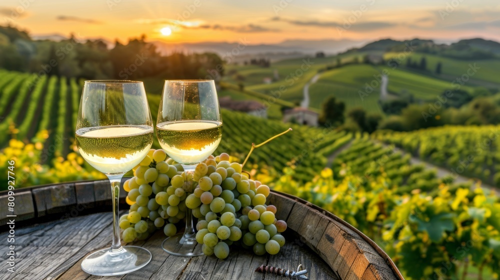 Fototapeta premium Bunch of grapes and two wine glasses on a wooden barrel at sunset, romantic wine tasting setting