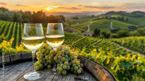 Bunch of grapes and two wine glasses on a wooden barrel at sunset, romantic wine tasting setting