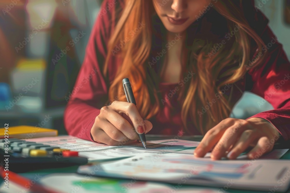 Fototapeta premium Woman sitting at a table with a calculator and pen. Suitable for financial and business concepts