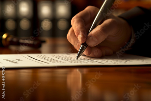 Close-up of a person's hand signing a document, symbolizing agreement and diversity in a professional legal setting photo