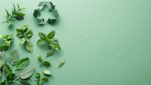 Green leaves and recycle symbol on green background.