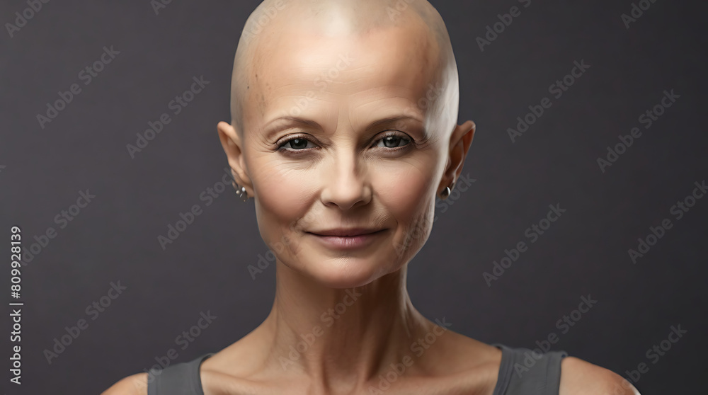 Closeup Portrait of a lady without hairs having cancer on an isolated plain background with copy space, cancer concept image, smile Closeup Portrait of a lady without hairs having cancer on an isolated plain background with copy space, cancer concept image, smile