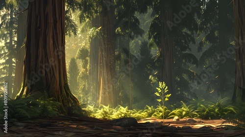 A young redwood sapling rising amongst the towering giants in a forest grove. Ratio photo