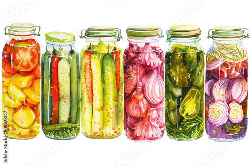 Japanese Pickles (Tsukemono), A variety of pickled vegetables in vibrant colors, Watercolor clipart 