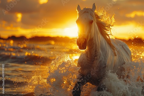 A single white horse charges with untamed energy through the sea's shallows, its mane flowing, backlit by a fiery sunset