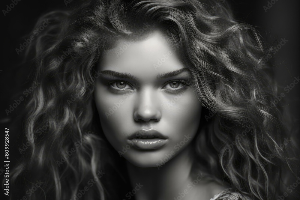 Captivating monochromatic portrait of a beautiful woman with intense, alluring eyes and curly hair in black and white, exuding timeless elegance and femininity Captivating monochromatic portrait of a beautiful woman with intense, alluring eyes and curly hair in black and white, exuding timeless elegance and femininity