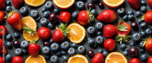 Fruit background. Strawberries  berries and fruits are laid out on a wooden surface