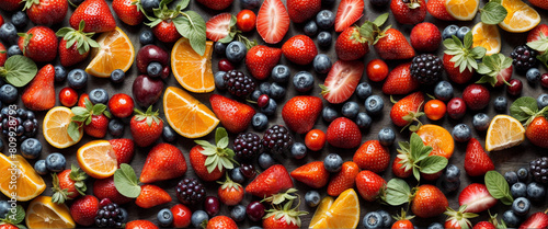 Fruit background. Strawberries and fruits are laid out on a wooden surface © Alex Puhovoy