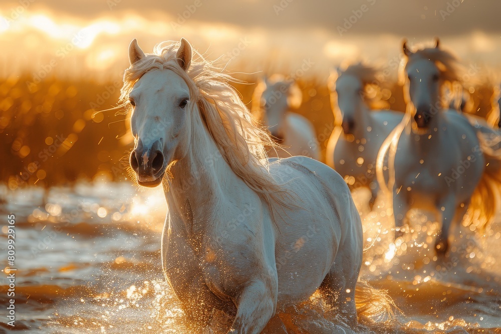The glowing mane of a single horse in focus, with a dynamic posture captured in the light of a setting sun, highlights majestic beauty and motion The glowing mane of a single horse in focus, with a dynamic posture captured in the light of a setting sun, highlights majestic beauty and motion