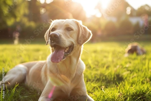Outside Dog. Happy Labrador Retriever Playing in Grass Park with People on Sunny Summer Day
