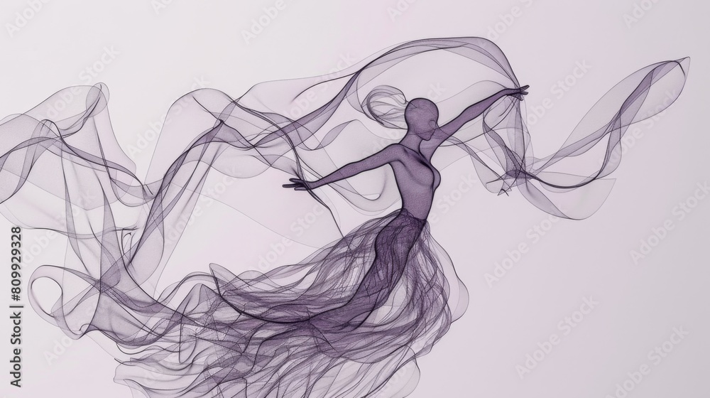 Fototapeta premium Elegant dancer in dynamic pose, captured in flowing smoke art, ideal for expressive artwork