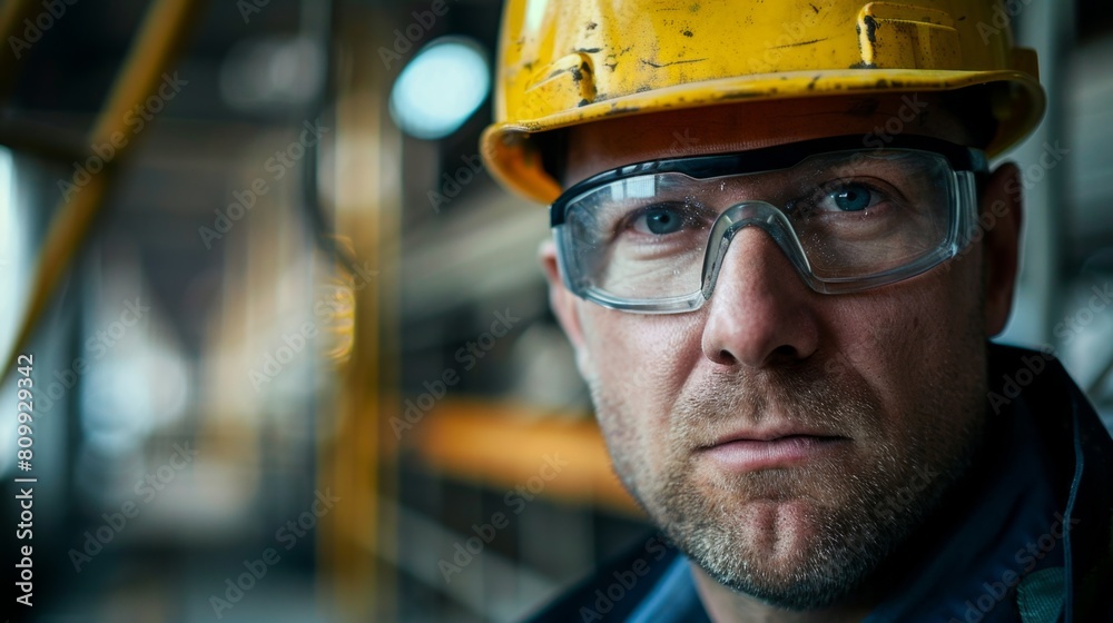 Close-Up of a Serious Male Engineer in Hard Hat at Construction Site for Industry and Safety Themes Close-Up of a Serious Male Engineer in Hard Hat at Construction Site for Industry and Safety Themes