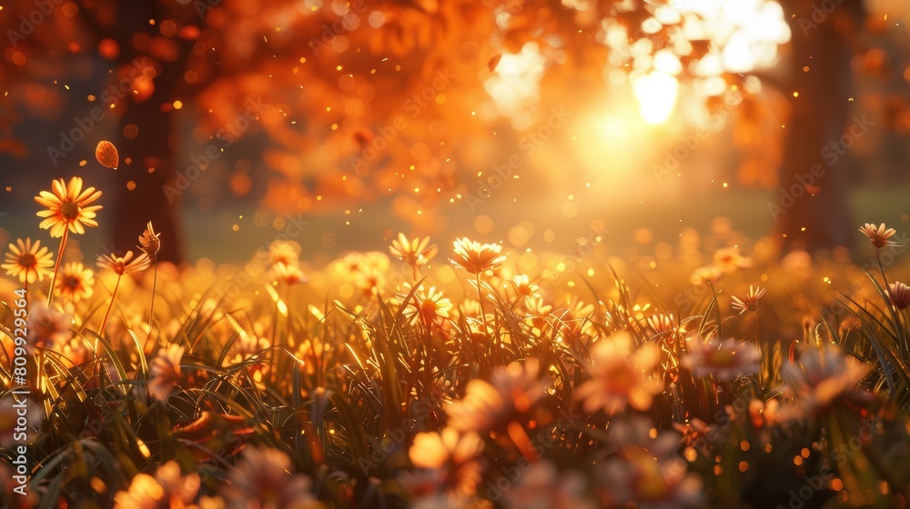 Golden hour illuminates a field of blooming orange flowers creating a serene and picturesque scene Golden hour illuminates a field of blooming orange flowers creating a serene and picturesque scene