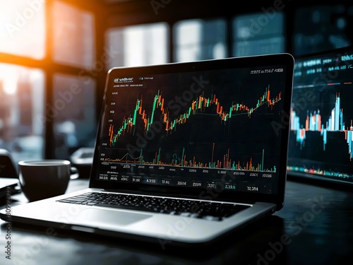 Financial growth and market analysis with digital graphs and charts. Focuses on trends in stocks, forex and global trade investments. Image for use as a blurred background.