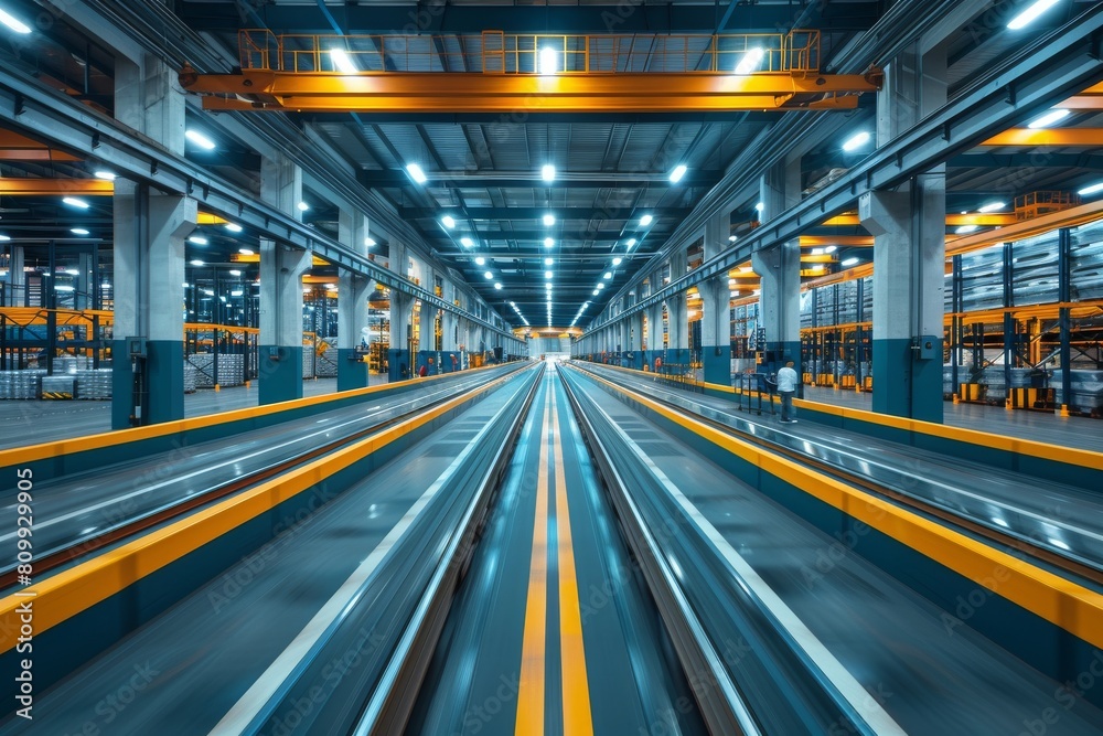 Fototapeta premium An impressive symmetrical view of a modern industrial warehouse with vibrant colors and dynamic lines