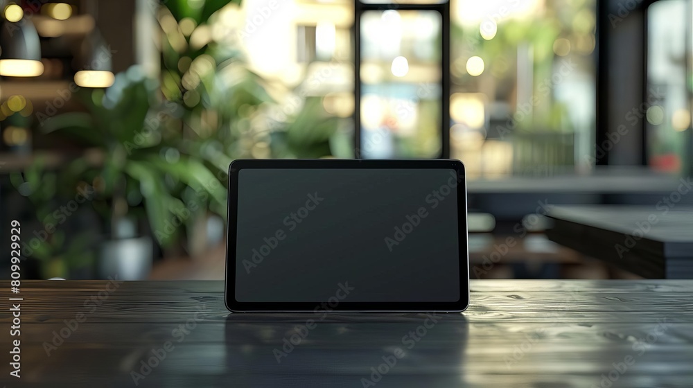 A tablet sits on a wooden table in a coffee shop. The screen is blank. A tablet sits on a wooden table in a coffee shop. The screen is blank.