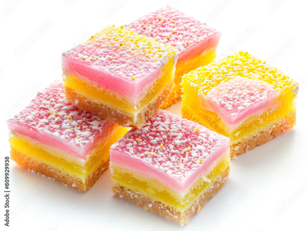 A stack of colorful, frosted, and powdered sugar-covered cakes A stack of colorful, frosted, and powdered sugar-covered cakes