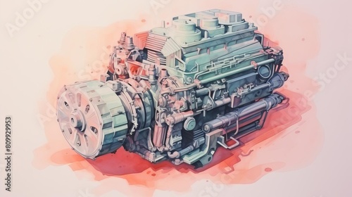 An intricate watercolor painting of a large engine