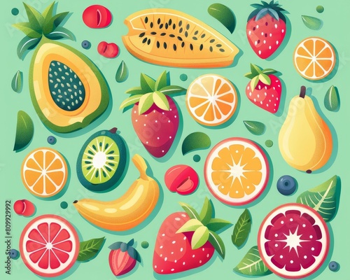 A variety of fruits are arranged on a green background. The fruits are all different colors and shapes.