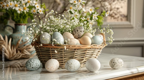 Easter spirit captured in a basket of colorful speckled eggs among fresh greens on a modern kitchen counter
