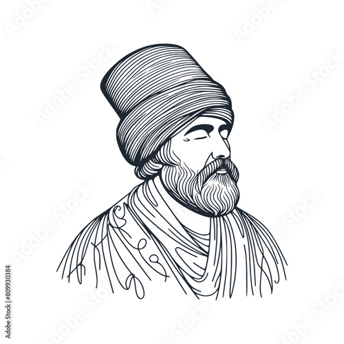 A muslim scholar cleric. Black white vector illustration.