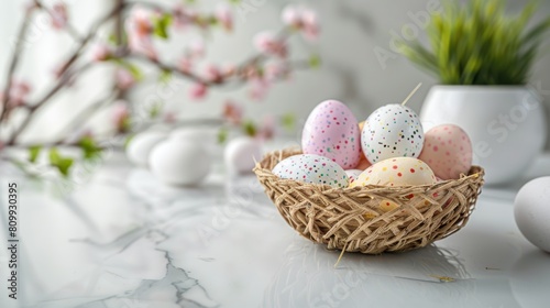 Easter celebration setup with colorful painted eggs in a wicker basket and cherry blossoms in the background © lemoncraft