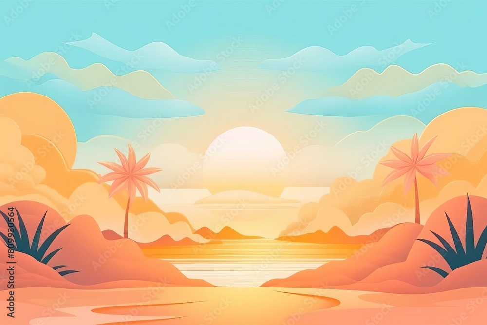 Warm sun in the sky flat design front view summer vibes cartoon drawing colored pastel