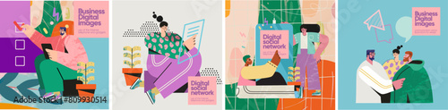 Digital business, social networks and instant messengers, using a smartphone, telephone and tablet, making a check mark and communication. Vector illustrations of modern bright trendy characters