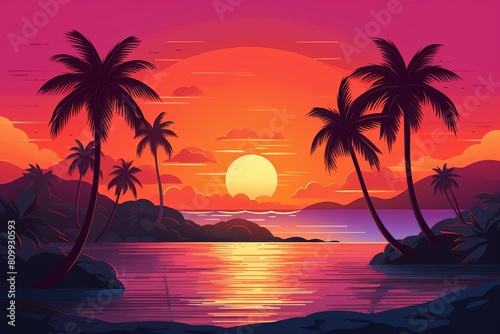 Golden sun setting flat design side view tropical landscape animation vivid